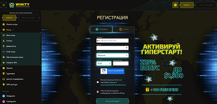 Регистрация нового аккаунта и вход в казино Винити